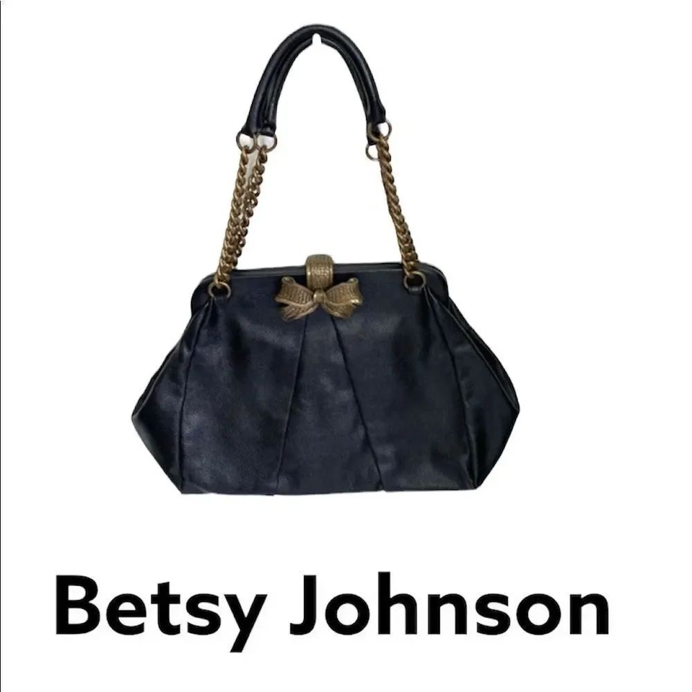 NEW Betsey Johnson Black Leather Bow Detail Dual Top Handle Shoulder Bag Purse